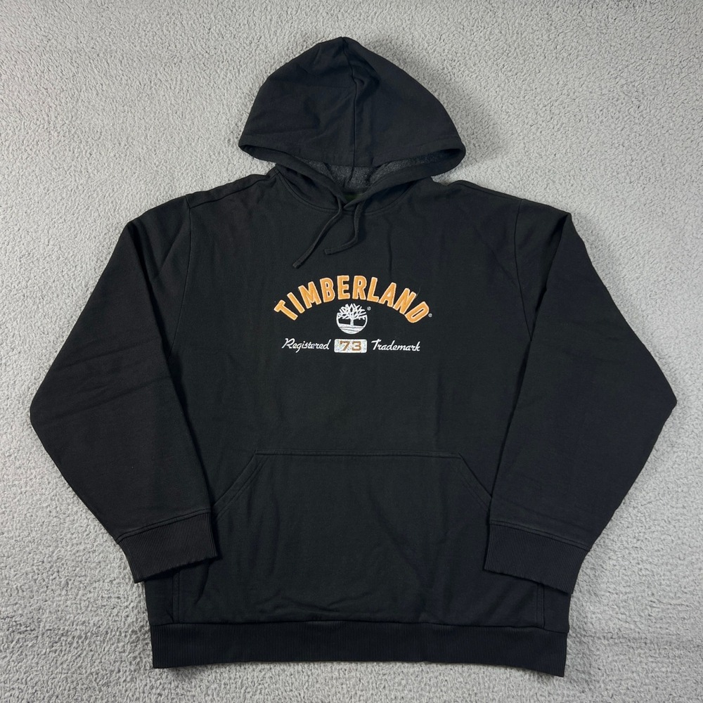 Timberland Hoodie Men's L Black Graphic Logo Pullover Fleece Sweatshirt Vintage
